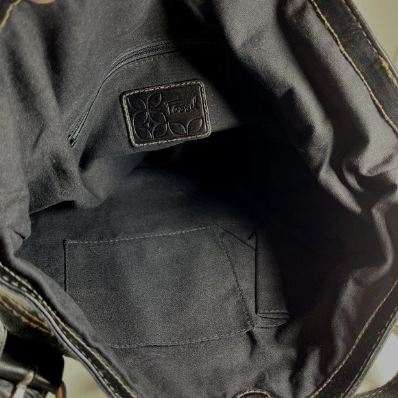 Fossil Large Black Canvas Black Leather Trim Shoulder Bag - Picture 5 of 12